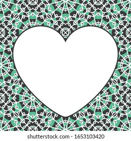 Vector heart shaped frame of asian mosaic border. Oriental ornamental mosaic. Arabic design for page decoration.