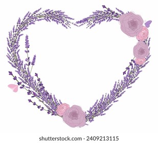 Marco vectorial en forma de corazón hecho de Lavanda y rosas