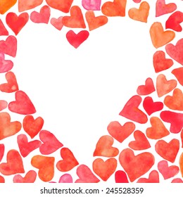 Vector heart shaped frame made of hand painted watercolor hearts. Cute and romantic, perfect for Valentine's day greeting.