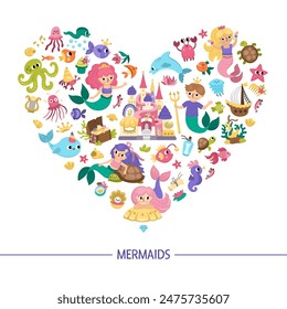 Vector en forma de corazón con sirenas. Plantilla submarina de la tarjeta del reino con la princesa, el pez, el castillo, las algas marinas. Diseño de tarjeta de cuento de hadas marino para Anuncios, invitaciones con concepto de amor
