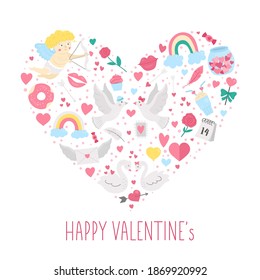 Vector heart shaped frame with Saint Valentine’s day elements. Traditional love concept clipart. Funny design for banners, posters, invitations. Cute romantic February holiday card template.
