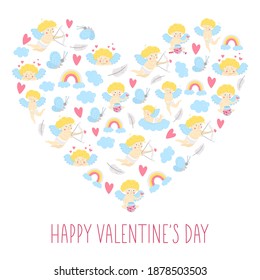 Vector heart shaped frame with Saint Valentine’s day characters. Traditional love concept clipart. Design for banners, posters, invitations. Cute romantic February holiday card template with cupids