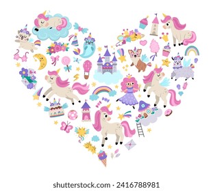 Marco en forma de corazón vectorial para la fiesta de unicornio. Diseño de plantillas de tarjetas de cuento de hadas para banners, invitaciones, postales, medios sociales. Magnífica fantasía pura ilustración del mundo con animales, hadas, arcoiris
