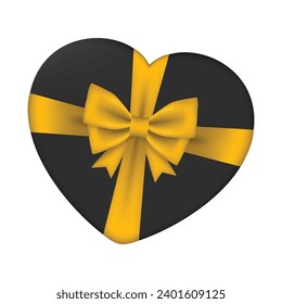Vector heart shaped gift box and gold satin ribbon isolated on white.