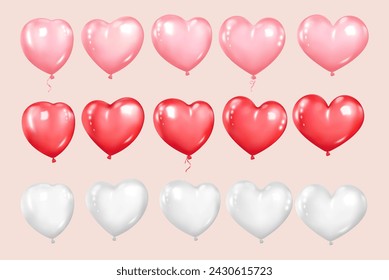 Vector heart shaped glossy balloons isolated set. Red, pink and white decoration element for Valentine's Day or Wedding.
