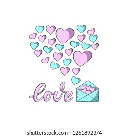 Vector heart shaped greeting card for Valentine's Day in pink and turquoise colors with envelope of hearts and lettering Love. Valentines Day hand drawn postcard.