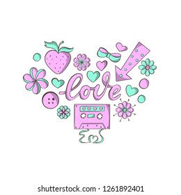 Vector heart shaped greeting card for Valentine's Day in pink and mint colors with a cassette of audiotape, hearts, flowers and lettering Love. Valentines Day hand drawn postcard.