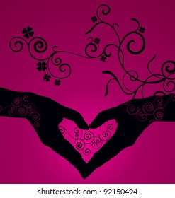 vector heart shaped hands silhouette on dark pink background