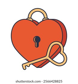 Vector heart shaped as lock with key. Icon for romantic trust and love loyalty, divorce and betrayal, emotional security. Relationship end and affection, passion and romance. Popart sign for intimacy.