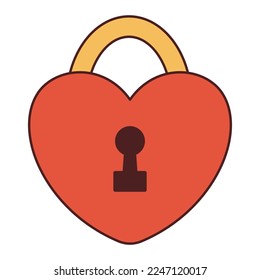 Vector heart shaped lock in retro style. Red padlock y2k. Happy Valentines day. 70s 90s.