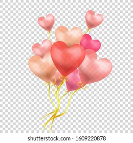 Vector Heart Shaped Red Baloons Group Isolated on Light Transparent Background, Valentines Day Celebration, Wedding Gift, Flying Objects.