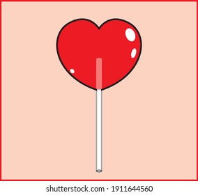 Vector heart shaped sucking red candy on a stick. Sweetness on a beige background. Flat design. Valentine's Day