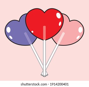 El corazón vectorial forma los dulces rojos, rosados y púrpuros sobre un palo. La dulzura con un fondo beige. Diseño plano. Día de San Valentín