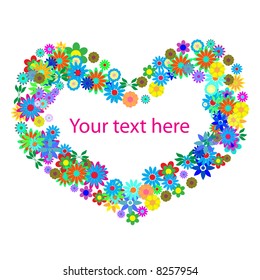 Vector - Heart shaped symbol formed by hundreds of flowers or floral patterns. Concept: Romance