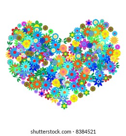 Vector - Heart shaped symbol formed by hundreds of flowers or floral patterns. Concept: Romance