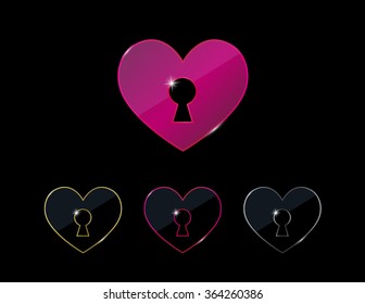 Vector heart shapes with a keyhole silhouette cutout. Series of outlined and solid hearts in metallic colors.