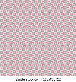 vector heart shapes on squares. simple pink and gray repetitive background. vector seamless pattern. valentines card. wedding texture. textile paint. continuous print. fabric swatch. wrapping paper