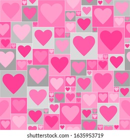 vector heart shapes and squares. simple pink and gray repetitive background. vector seamless pattern. valentines card. wedding texture. textile paint. continuous print. fabric swatch. wrapping paper