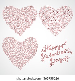 Vector heart shapes with Valentine's Day elements and lettering Happy Valentine's Day. In red color.