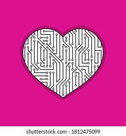 Vector heart sign with black circuit board pattern