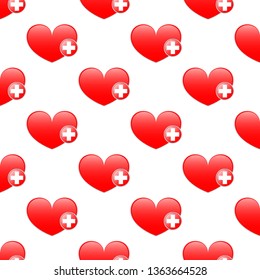 Vector heart sign with a red cross. Seamless Wallpaper pattern. 