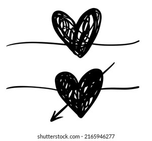 Vector heart sketch doodle illustration set with broken heart shape. Black and white monochrome collection