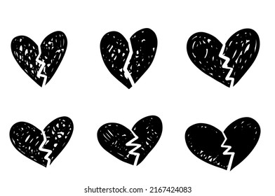 Vector heart sketch doodle illustration set with broken heart shape. Black and white monochrome collection Pain outline art drawing.