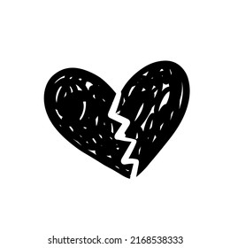 Vector heart sketch doodle illustration set with broken heart shape. Black and white monochrome collection Pain outline art drawing.