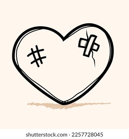 Vector heart sketch doodle illustration set with broken heart shape.