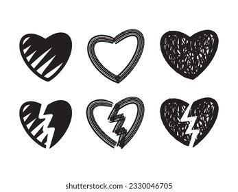 Vector heart sketch doodle illustration set with broken heart shape. Set of hand drawn hearts. Black and white monochrome collection.