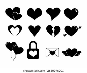 Ilustración de boceto de corazón de Vector con varias Formas de corazón colección monocromática en blanco y negro. Iconos del vector del romance y del amor