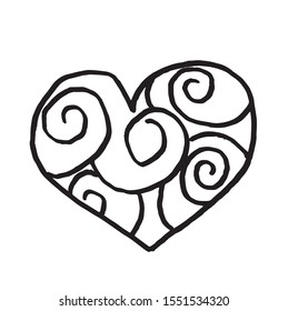 Vector heart St. Valentine's Day decoration on the isolated background.Scandinavian style February 14.Doodle black sketch line illustration.Design for stickers, web and coloring.