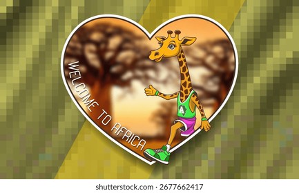 Vector corazón, pegatina o icono. Bienvenidos a África. Baobabs borrosos. Dibujos animados divertidos cómico jirafa en ropa deportiva. Píxeles
