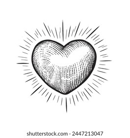 Vector heart in style vintage engraving illustration isolated on a white background. For web, greeting card, poster, infographic. Valentine's day concept. 