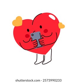 Vector heart texting or sending sms via smartphone. Icon with love element or sign for Valentines day. Cartoon loving message poster. Isolated element for affection and passion. lover relationship.