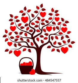 vector heart tree and basket of hearts isolated on white background