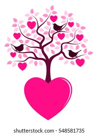 vector heart tree with birds growing from heart isolated on white background