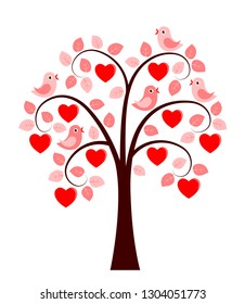 vector heart tree and birds isolated on white background
