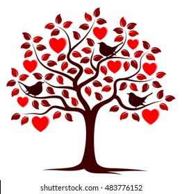 vector heart tree and birds isolated on white background