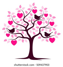 vector heart tree and birds isolated on white background