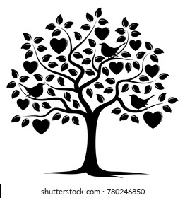 vector heart tree and birds isolated on white background