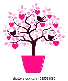 vector heart tree with birds in pot isolated on white background