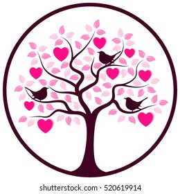 vector heart tree and birds in round isolated on white background