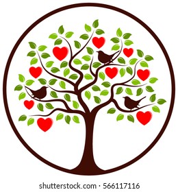 vector heart tree and birds in round isolated on white background