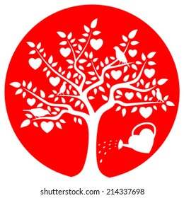 vector heart tree with birds and heart watering can isolated on red round
