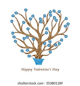 Vector heart tree with blue flowers in a flower pot on a white background
