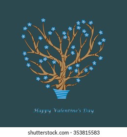 Vector heart tree with blue flowers in a flower pot on a dark blue background