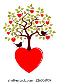 vector heart tree growing from heart and love birds isolated on white background
