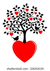 vector heart tree growing from heart and love birds isolated on white background