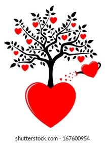 vector heart tree growing from heart and heart watering can isolated on white background